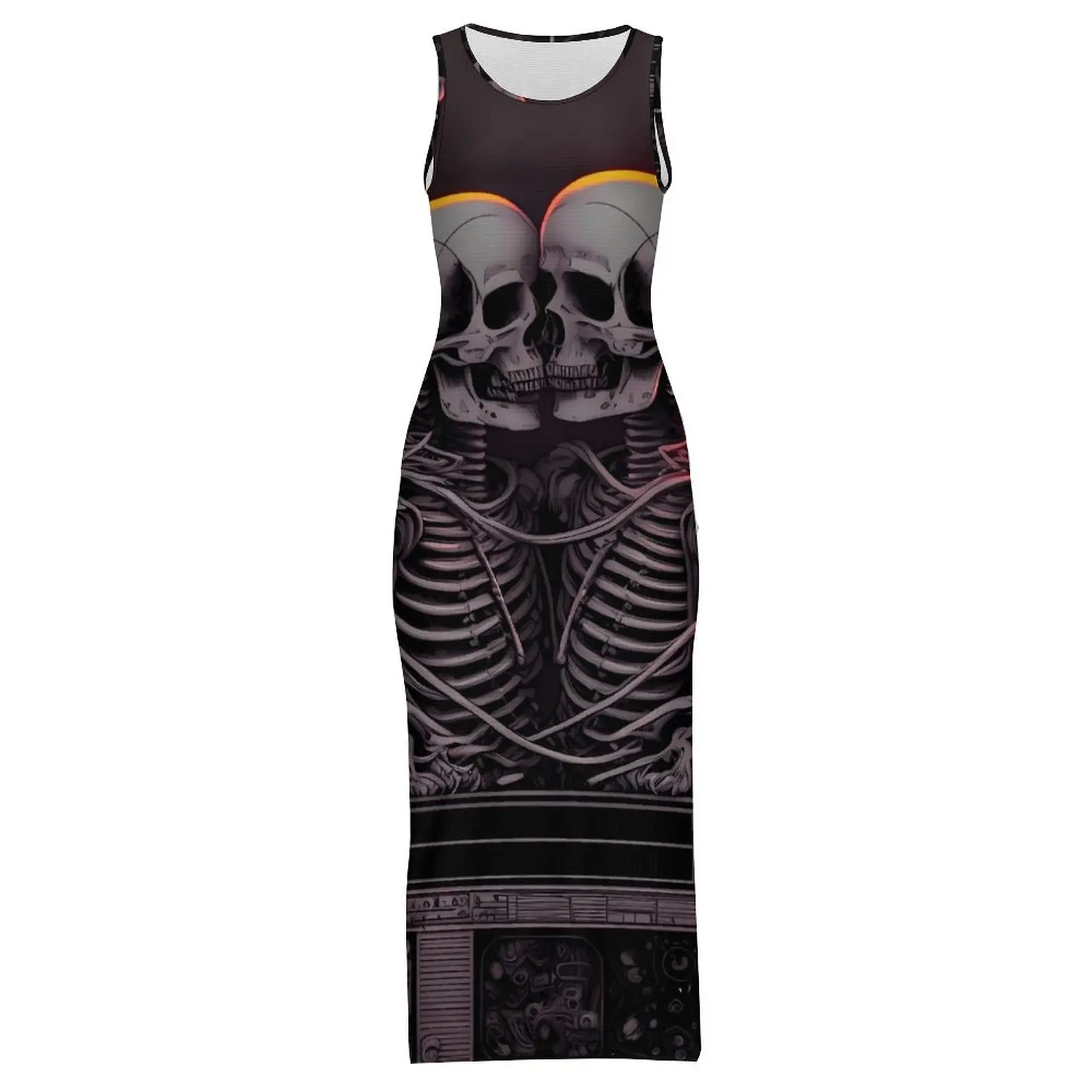 Gothic Lovers Bodycon Jurk Lente Skelet Print Casual Maxi Jurken Dames Mouwloos Ontwerp Esthetische Jurk Big Size 3XL 4XL