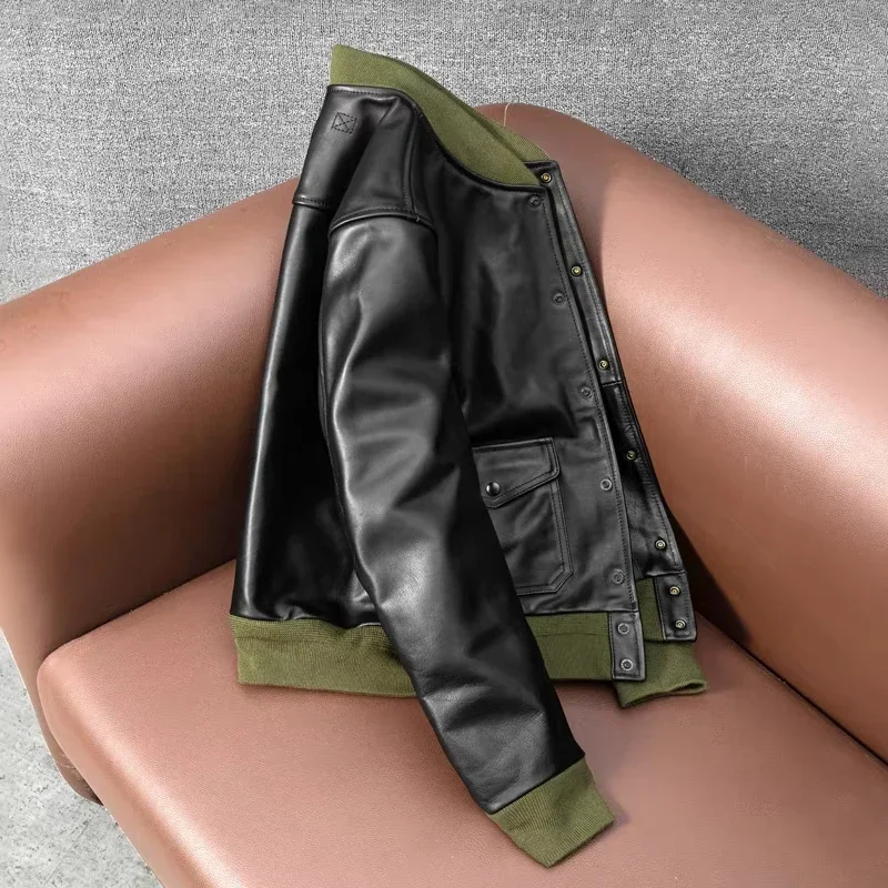 New Men's A1 Flight Suit Jacket First Layer Waxed Horse Leather Jacket Slim Short Stand Collar Baseball Coat