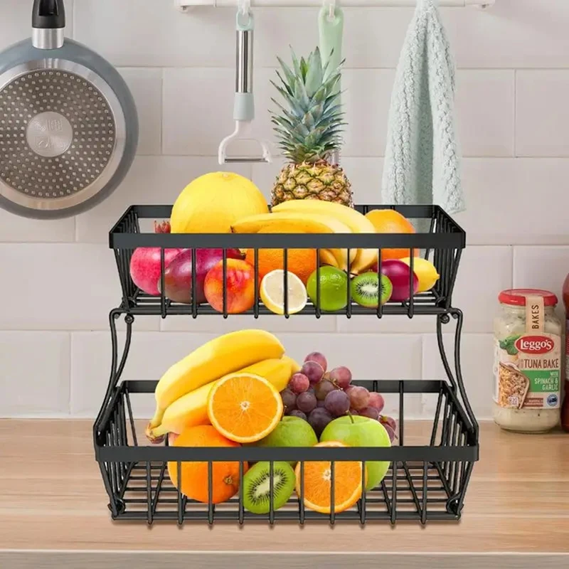 

2 Tiers Fruit Basket Metal Fruit Bowl Bread Baskets Countertop Vegetable Storage Stand For Kitchen Accessories