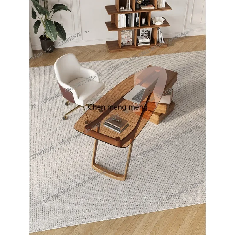 DD  Light luxury high-end solid wood desk rotating drawer tempered glass study table