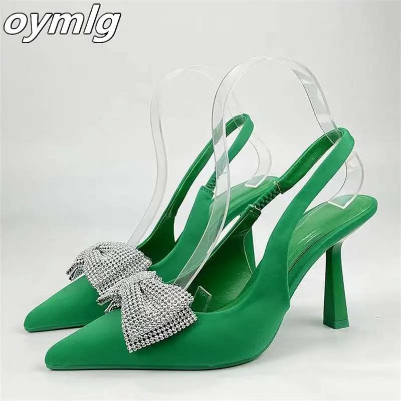 New elegant high-heeled shoes pointed shallow bow decorated with water brick back strap exposed heel wrapped sandals female