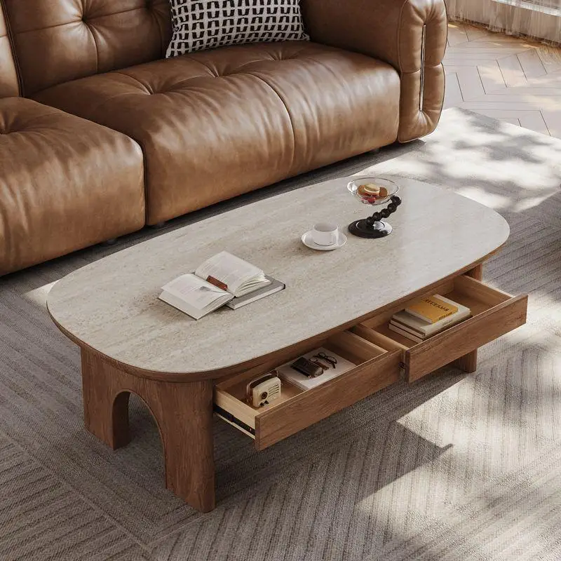 Living room for home use, medieval rock slab coffee table, walnut color, high-end sense, light luxury modern, minimalist retro