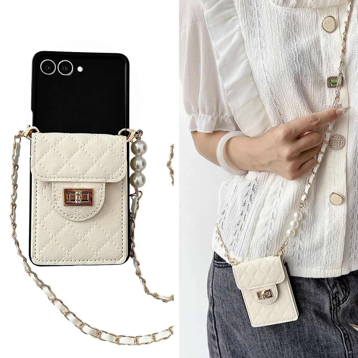 عبق اللؤلؤ Crossbody للنساء الفاخرة محفظة حمل بطاقات قضية الهاتف لسامسونج غالاكسي Z فليب 7 6 5 4 3 غطاء مقاوم للصدمات #1