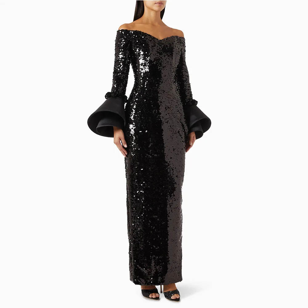 

Черное платье для выпускного вечера, женское вечернее платье с открытыми плечами и длинными рукавами, вечернее платье длиной до пола, с блестками, Саудовское платье