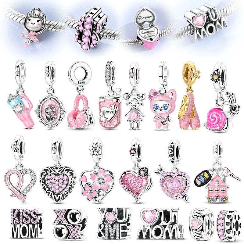 

925 Sterling Silver Charms Beads Pink Thermos Snail Rose Cell Phone Pendants Fit Original Bracelet DIY Woman Jewelry Gift