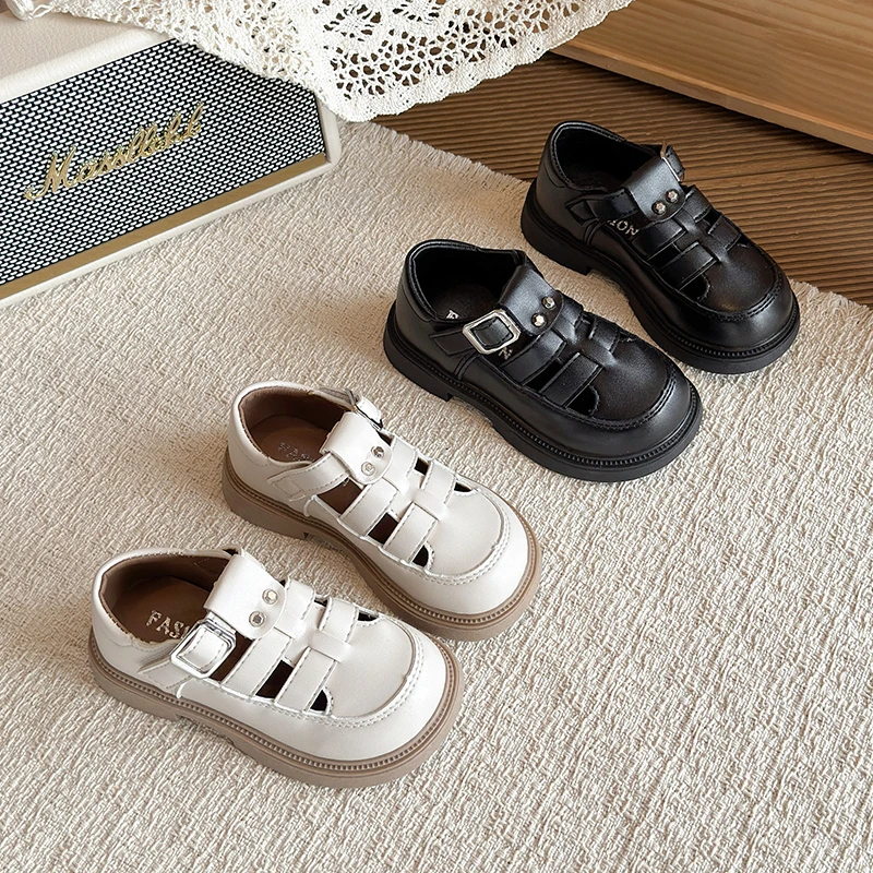 

Children Roman Sandals with Buckle Girls Leather Sandals Hook Loop Non-Slip Kids Summer Beach Shoes Hollow Out Size 26-36