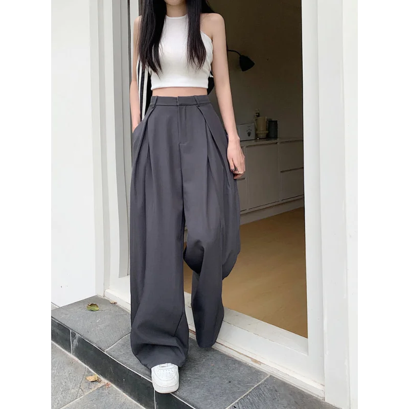 Damen-Hose mit hoher Taille und weitem Bein, lockere, bequeme Freizeithose mit Falten