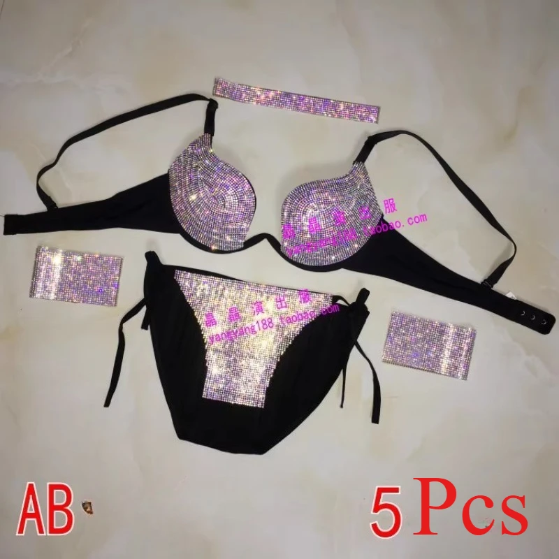 Customized Belly Bikini Diamond Sparkling Diamond Stage Bra Set Bra Underwear Pole Dance Performance Exotic Dancewear 5Pcs