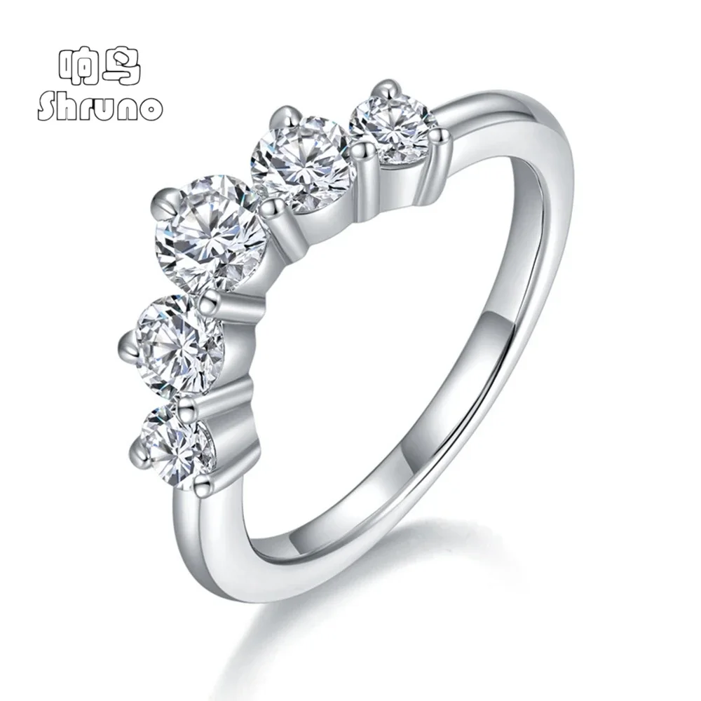Shruno Sterling silver 925 Curved Wedding Band Unique Moissanite Diamond Ring Bridal Stacking Matching Promise Gifts