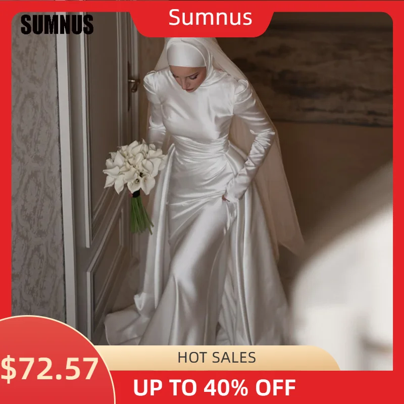 

Sumnus Modest Arabic Muslim Wedding Dresses Long Sleeves High Neck Silk Satin Bridal Gowns Back Train Formal Evening Customized