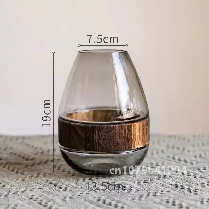 Nordic Glass Vase with Wooden Base Flower Pot Planter for Hydroponic Flowers Artificial Dried Flowers Home Office Desk Decor