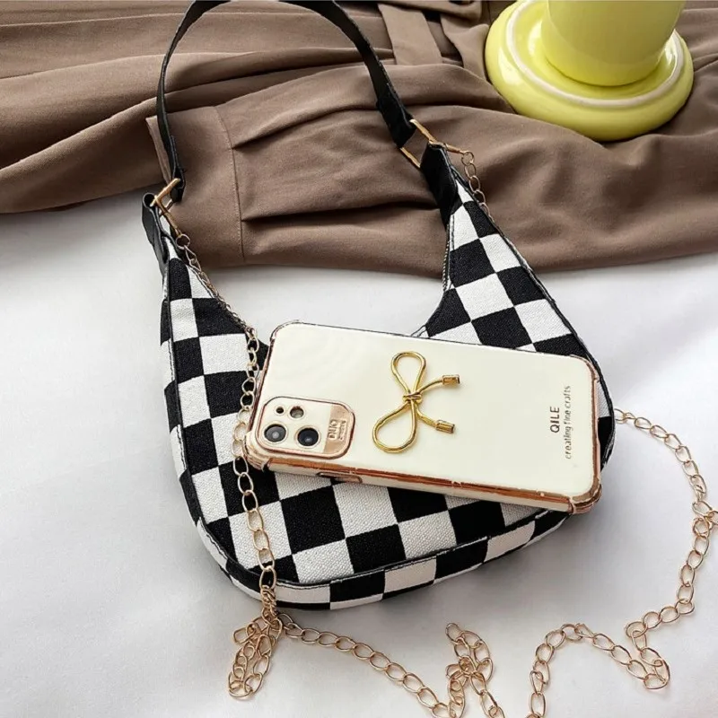 Fashion Women PU Leather Thin Chain Shoulder Crossbody Half Moon Bags Vintage Leopard Checkerboard Houndstooth Printed Handbag