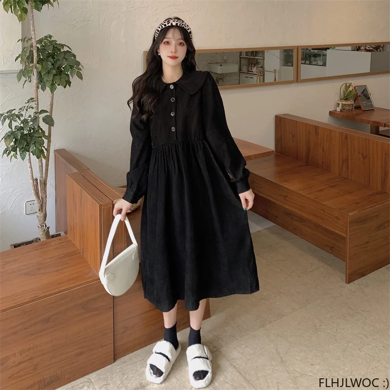 French Style Fenimine Vestidos Women Long Sleeve Elegant Office Lady Vintage Cotton Corduroy Single Breasted Button Shirt Dress