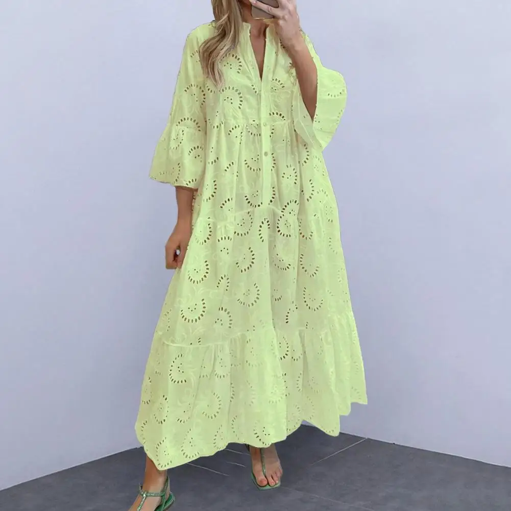 Elegant Dress Embroidery Lace Maxi Dress V-neck 3/4 Flared Sleeve Dress Hollow Out Flower Pattern Ruffle Stitching Hem Dress