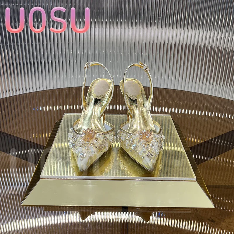 

Spring and Autumn New Women High Heels Luxury Crystal Mesh Pointed Toe 7.5cm Fine Heel Ladies Shoes Ankle Strap Banquet Shoes