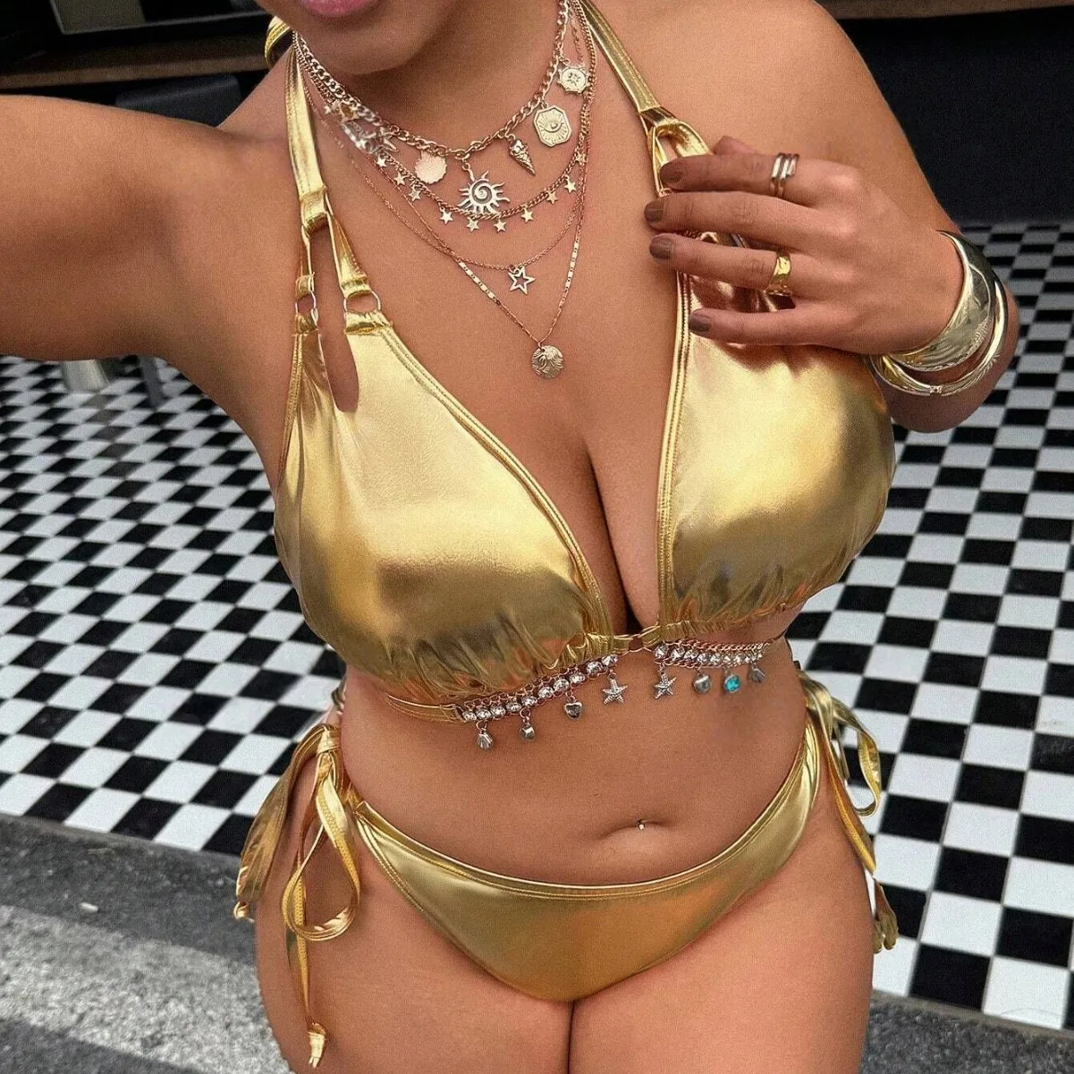 Gold Big Bikini Push Up Women Swimsuit High Waist Plus Size Swimwear Split Bathing Suit Biquine Brasileiro Micro Bikini Set view 6