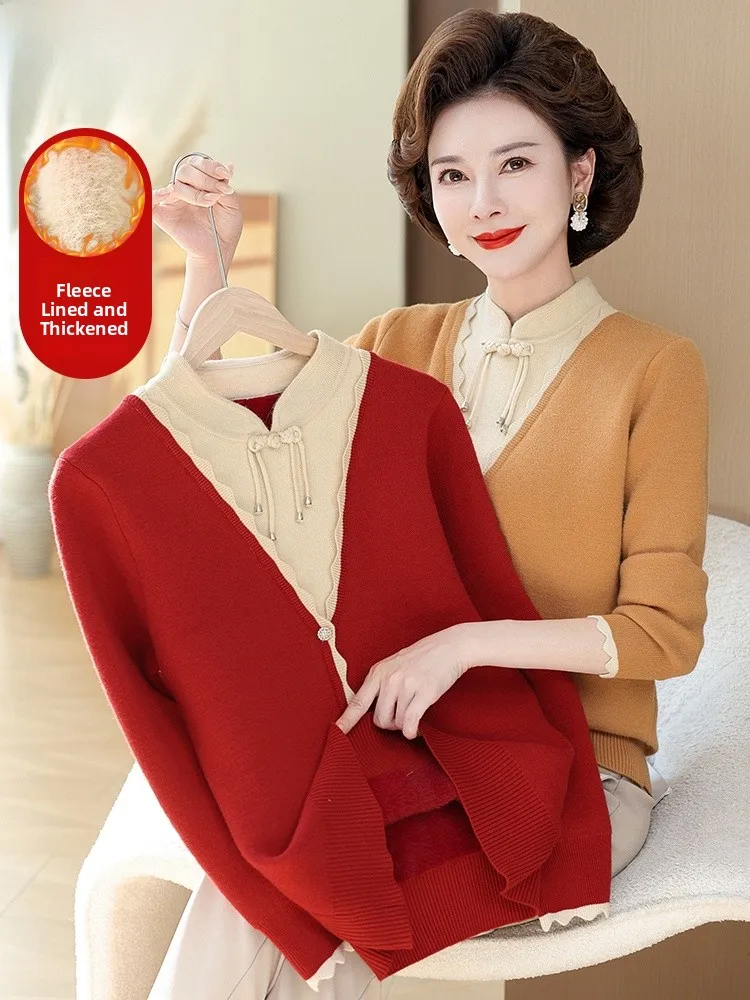 

Thiened Fce Knitted Base irt Mom Winter Faion Warm Loose Fit Stand Sve Mid-aged And ly Women Red Top