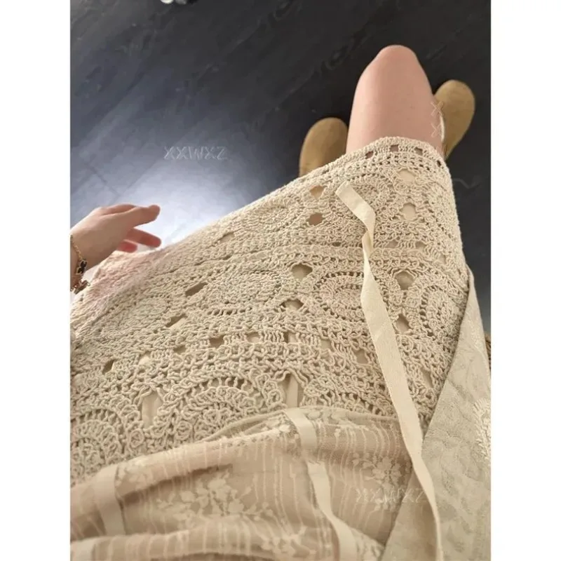Women's Crochet Lace Midi Skirt With Ribbon Tie Hollow Out Floral Knit Vintage Boho Skirt Beige