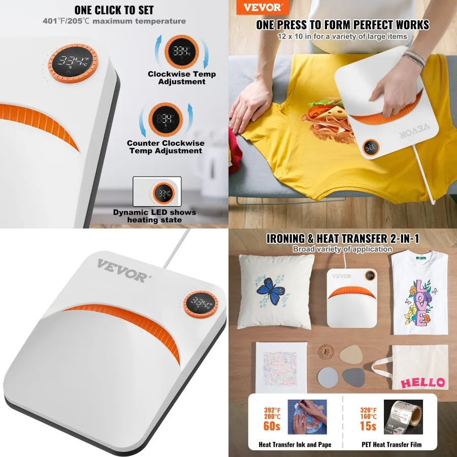 

VEVOR Heat Pr hine 10x12inches Portable Shirt Printing Multifunctional Sublimation Transfer Heat Pr hine Teflon Coated Easy Iro