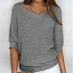 Europe and The United States Solid Color Casual Crew Neck Seven-point Cuff Pullover Sweater,Women's Loose Lantern Sleeve Sweater