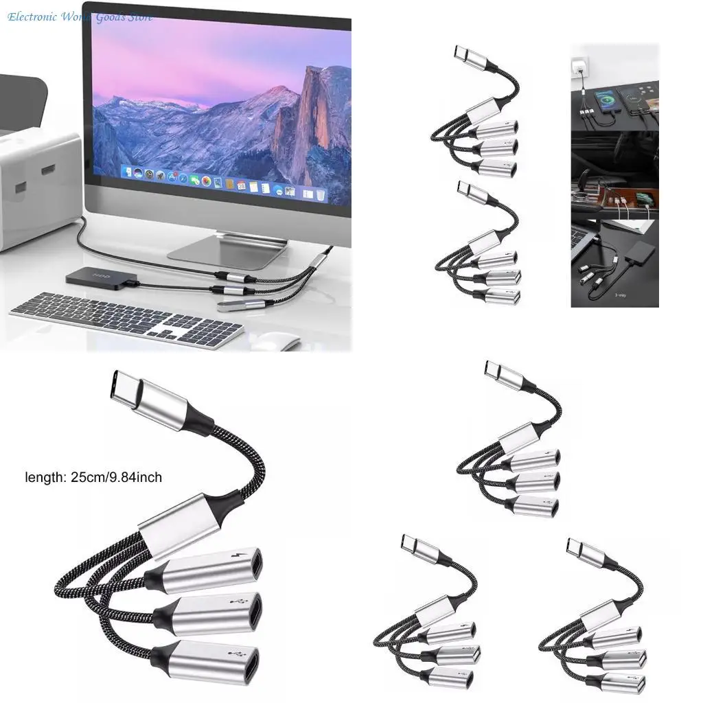 

A3PD USB C Splitter Hub Support OTG Port Fast Data Transfer 600W Power Type C USB2.0 Adapter