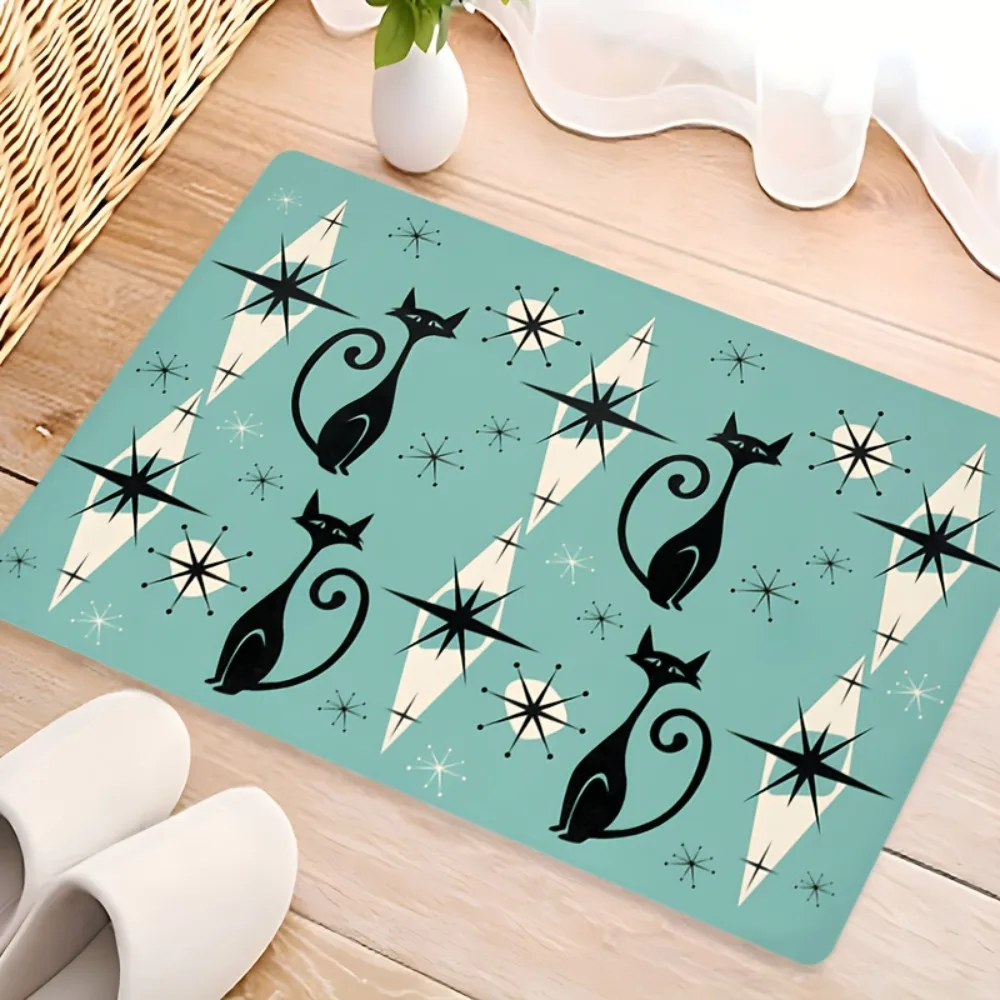 1pc Green Rug Fresh Style Black Cat 3D Printed Non-slip Rug Entrance Mat Home Living Room Bedroom Ornament for Birthday Gift