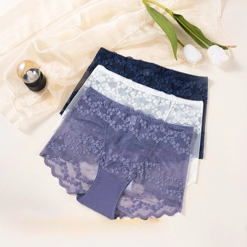 Plus Size High Waist Lace Panties Seamless Tummy Control  Booty Lift Underwear with Breathable Cotton Gusset No Roll Down Briefs
