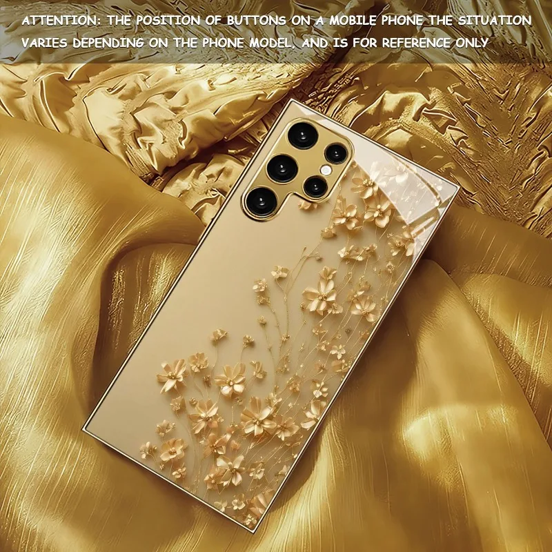 Gilded floral pattern glass phone case suitable for Samsung Galaxy S26 S25 S24 S22 S21 S20 FE/Ultra/Plus anti drop back cover