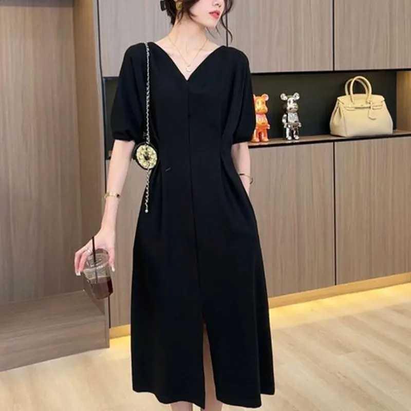 Elegant V-Neck Midi Dress Female Clothing Split Commute A-Line Folds Waist Monochromatic Luxury Dresses Summer Fashion 2024 New