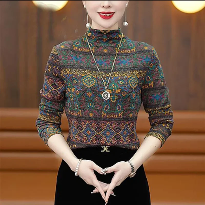 Thin Velvet Tshirt Women's Top Half High Collar Base Top Autumn Winter Warm T-shirts Temperament Slim Blous OL Female Tees