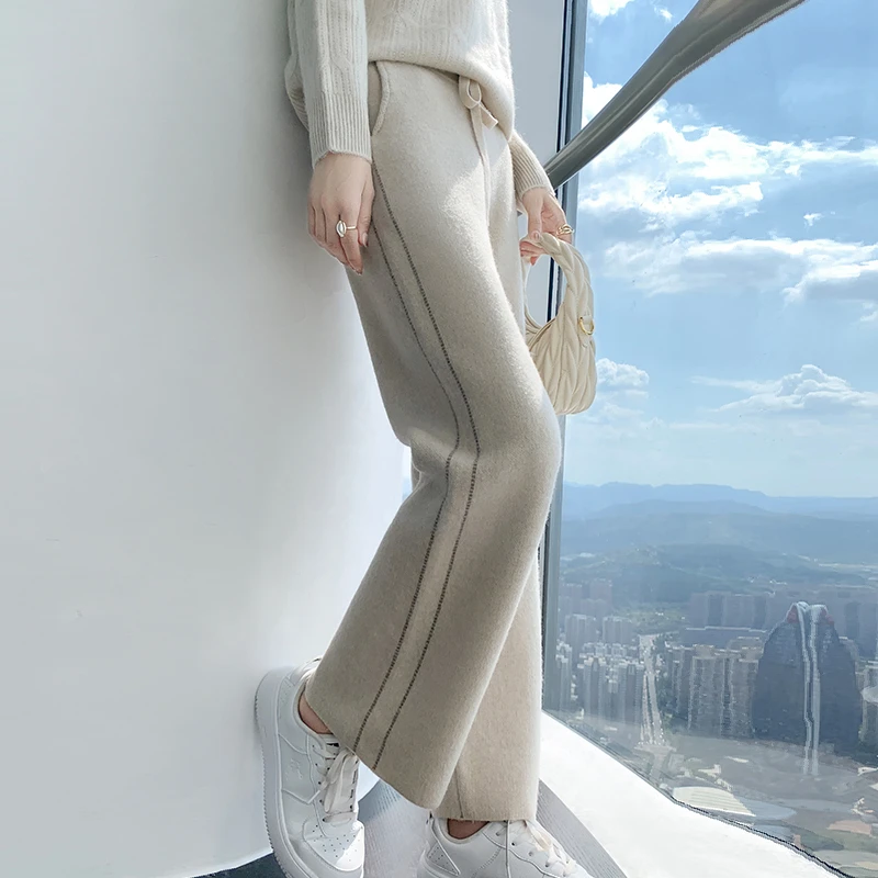 ATTYYWS-Australian Wool Wide Leg Pants for Women, Loose and Comfortable Knit Pants, Long, Pure Wool, Hot Selling