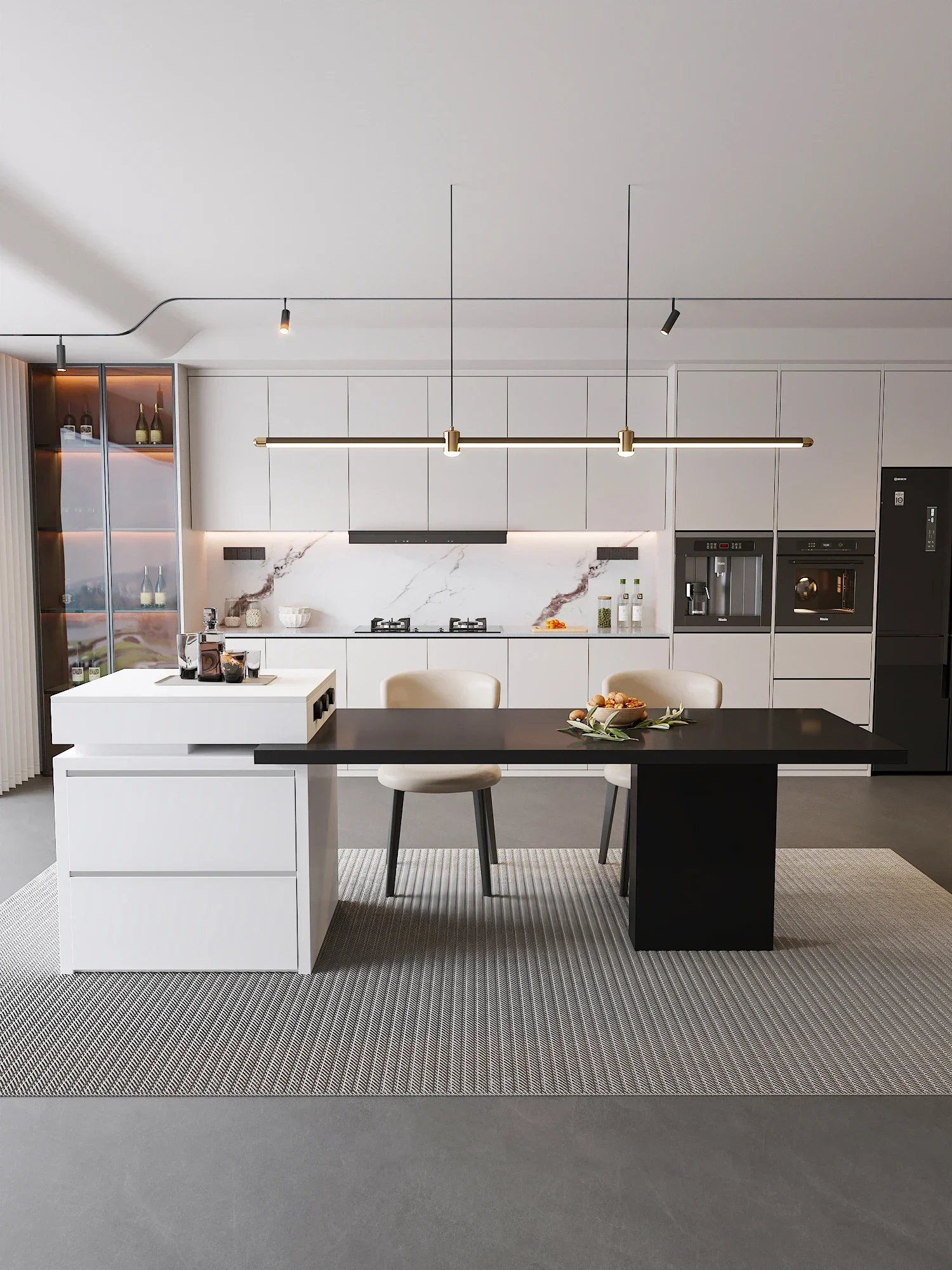 

Island dining table with integrated expandable rock panel, modern and simple finished product, open kitchen with guide platform