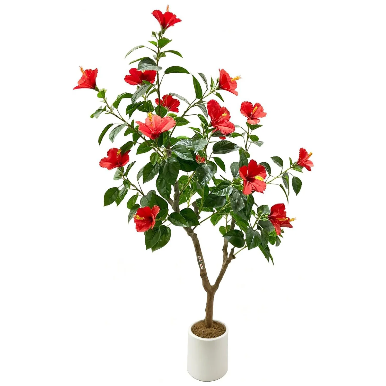 

Искусственное дерево 120 см с реалистичными листьями и красными цветами в горшке, декоративное растение для веранды, офиса, дома, патио, для использования в помещении и на улице