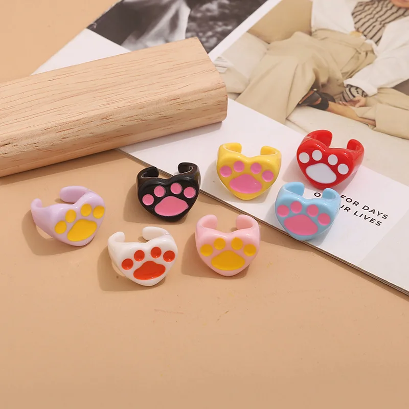 7pcs/lot Colorful Puppy Cat Paw Footpaint Cute Resin Rings Mix Dripping Oil Open Sweet Women Children Party Gift Finger Jewelry