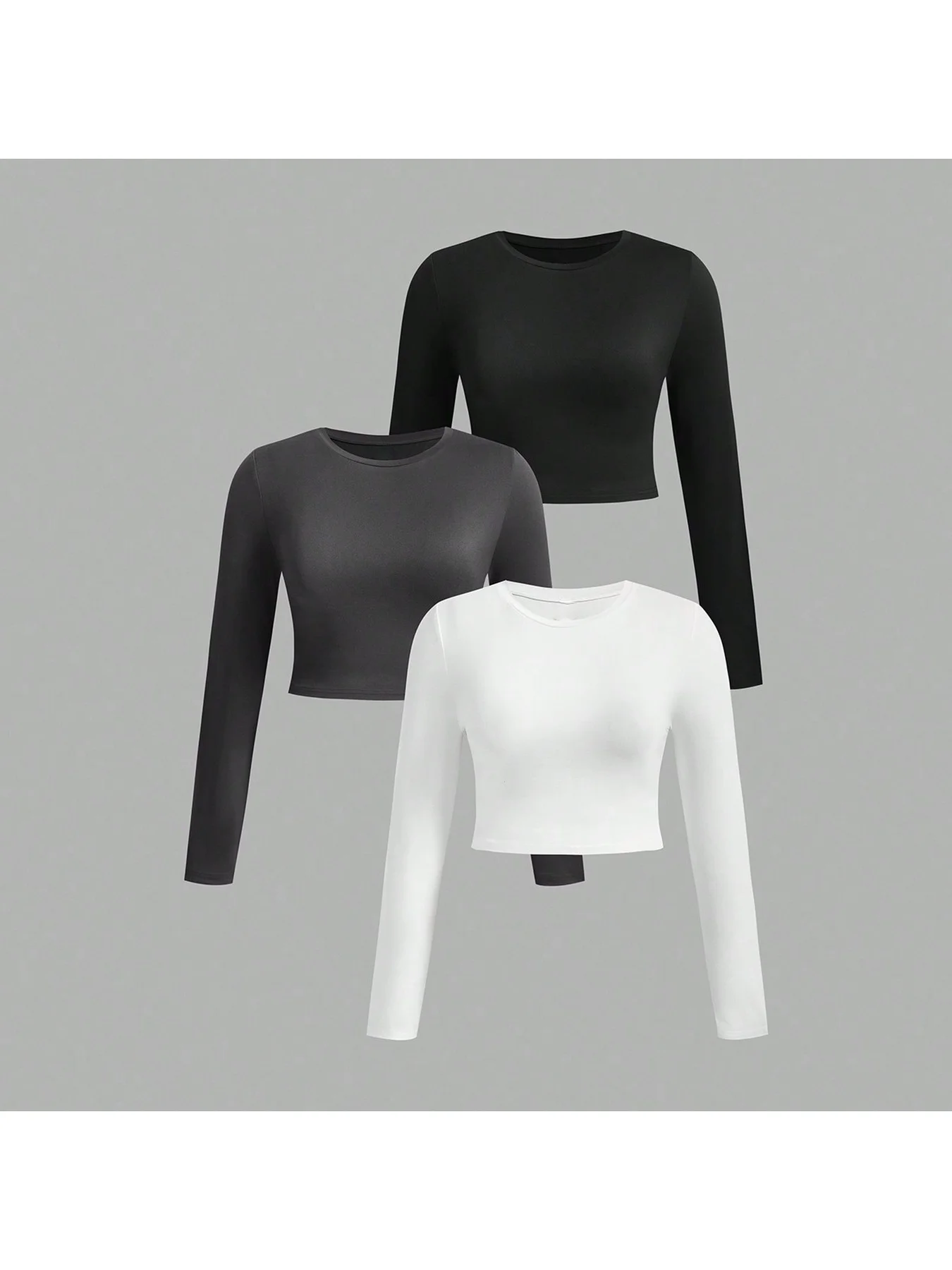 

Simple solid color plus size women's tight fitting long sleeved short T-shirt, spicy girl style, inner and outer wear, base top