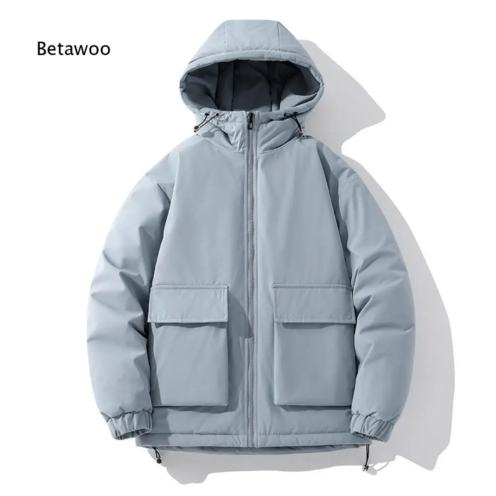 Winter Hooded Padded Outer Coat For Men Zip Front Jacket With Functional Large Pockets And Adjustable Hem Drawstrings