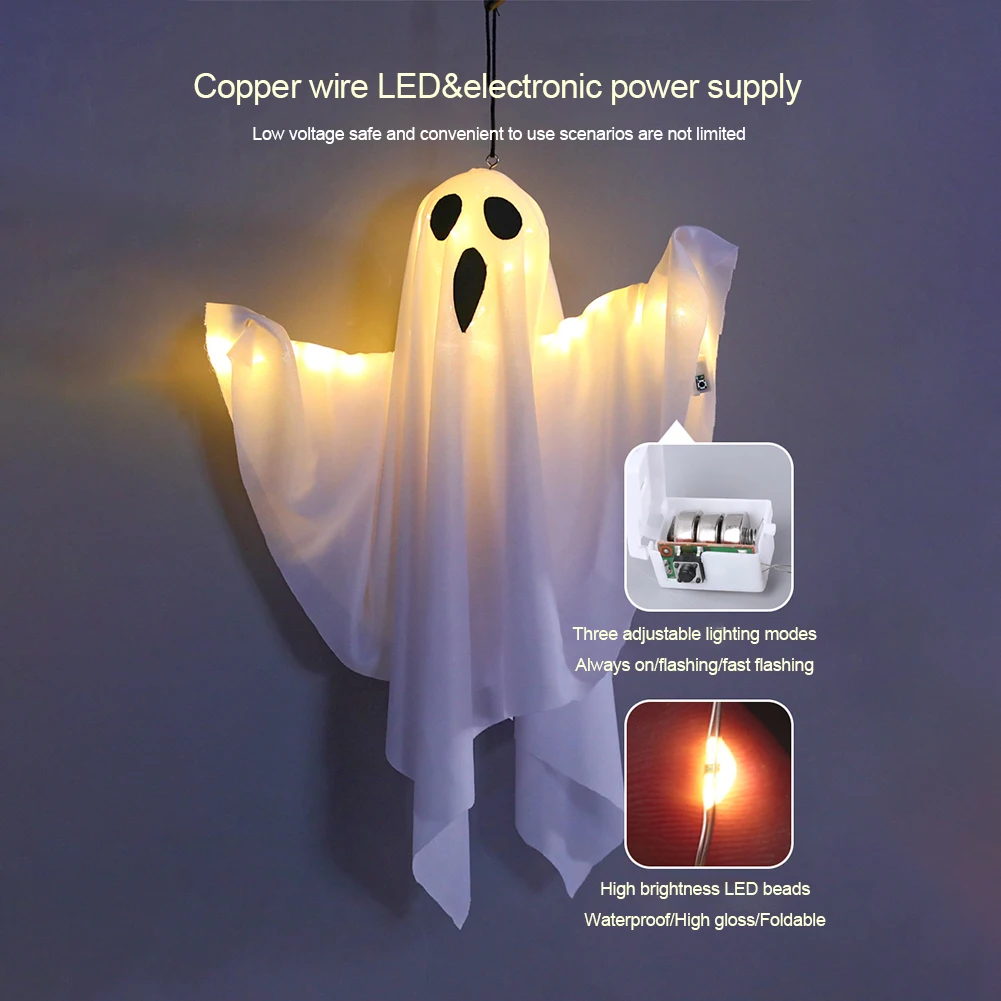 Spooky Ghost Halloween Decor IP65 Waterproof Horror Decoration Light Glowing Door Hanging Ghost for Halloween Garden Home Decor