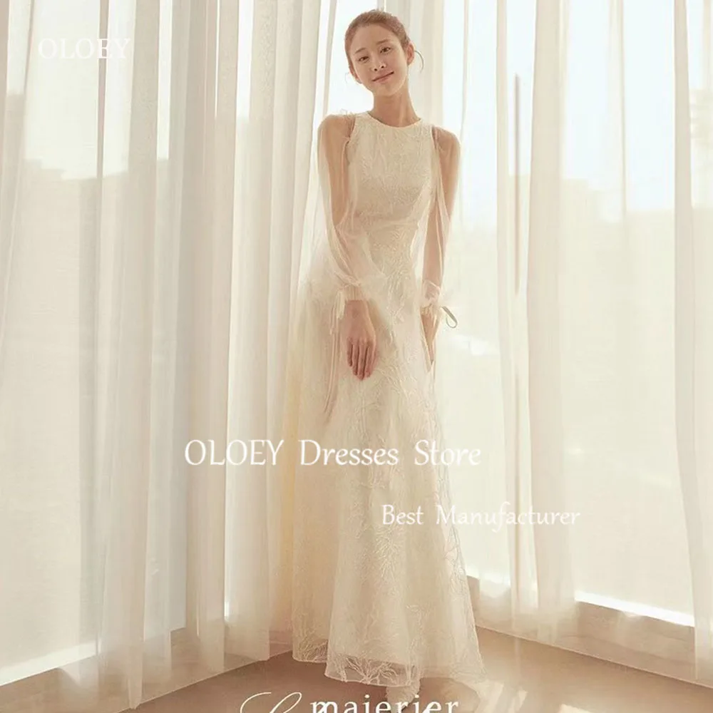 OLOEY Fairy Lace Followers Korea Wedding Dress Photoshoot O-Neck Floor-Length Removable Shoulder Brida Gown 웨딩드레스