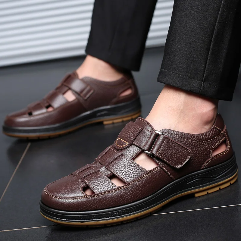 Summer Hollow Cowhide Sandals Breathable Men's Lightweight Man Outdoor Sandals Travel Men Casual Comfort Large Size Beach Shoes