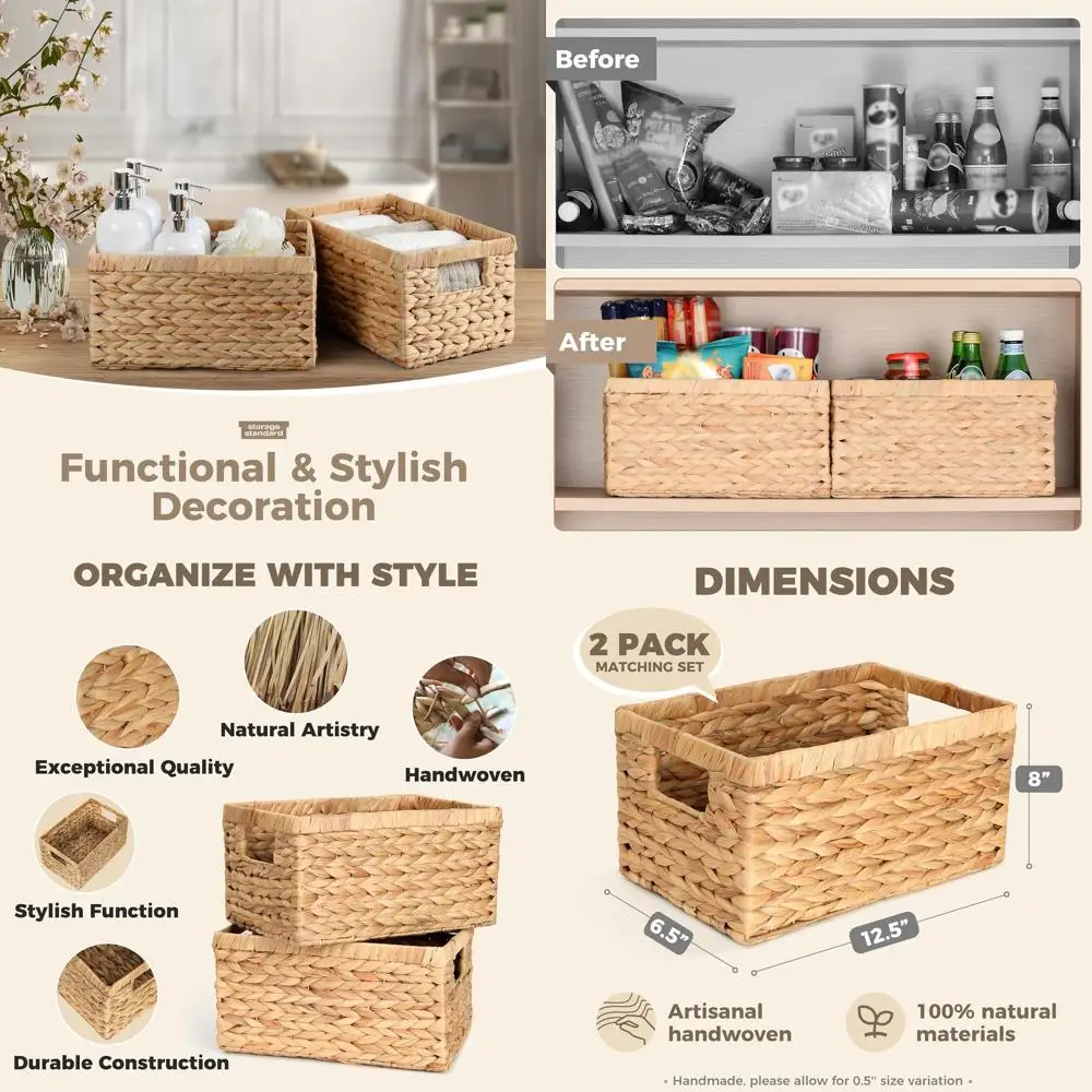 

Set of 2 Wicker Shelf Storage Baskets for Organizing - Natural Durable Water Hyacinth Woven Basket Pantry Bin Organizers for She