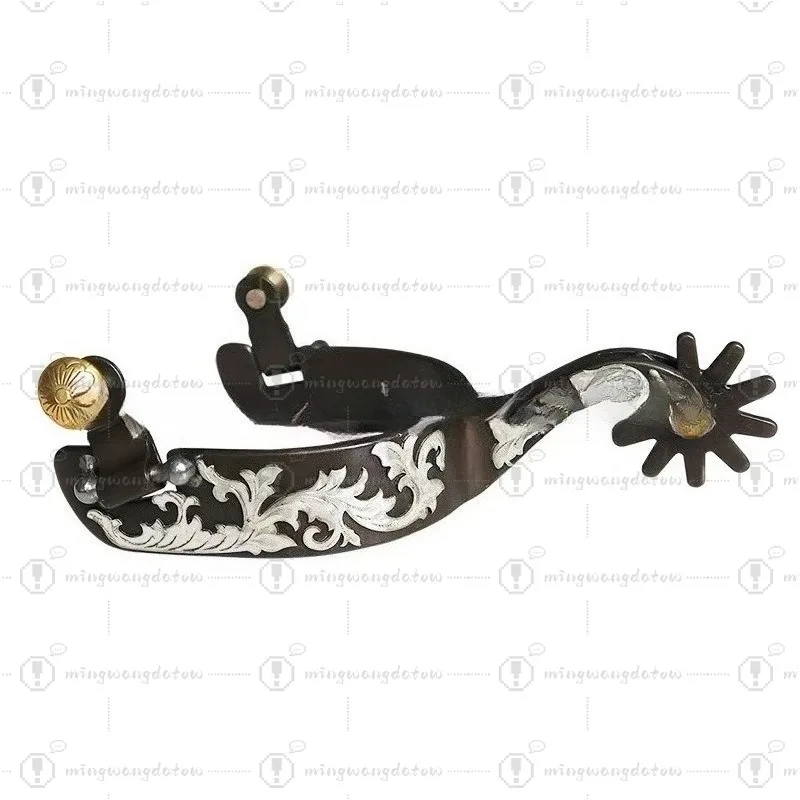 Western Horse Riding Spurs, 1 Pair Hand Carved Spurs with Silver Decorative Plate, Equestrian Tack Accessories