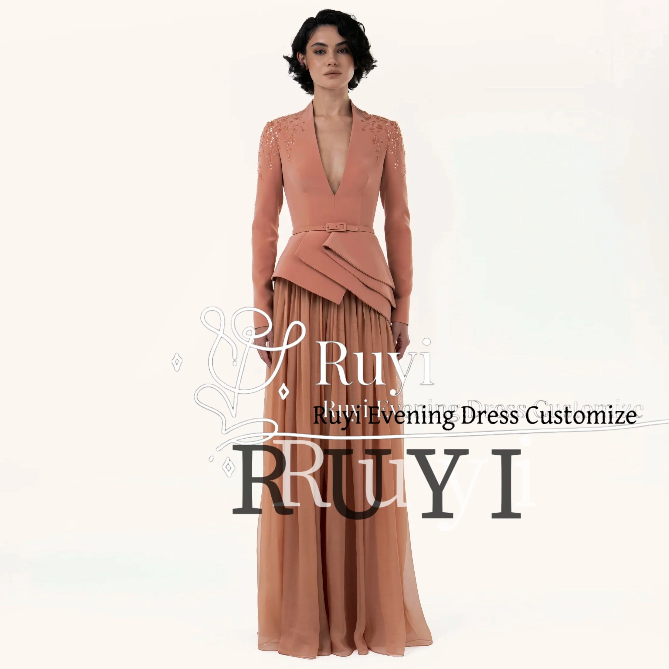 

Платье для выпускного вечера с поясом по индивидуальному заказу, вечерние платья с блестками и бисером, с v-образным вырезом и длинными рукавами, карамельно-коричневое плиссированное свадебное вечернее платье трапециевидной формы