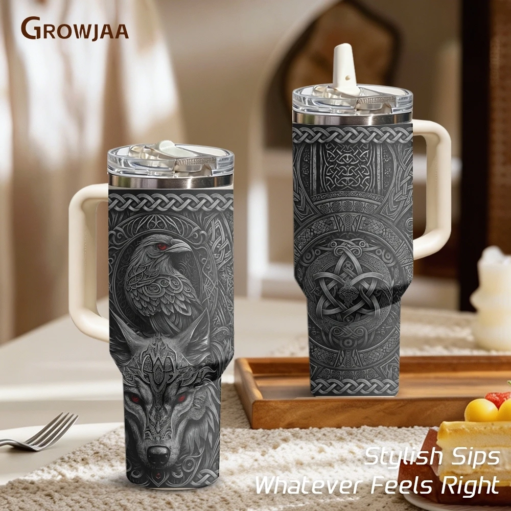 Norse Wolf Raven Celtic Prints Vacuum Flasks 40oz 3rd Gen Vacuum Insulated Stainless Steel Tumbler Cup With Handle Straw Lid