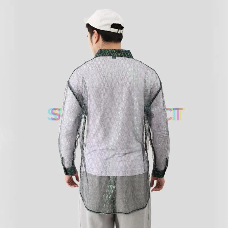 WVGA Summer New Men See-through Feather Trendy Mesh Long Sleeved Shirts Niche Chic Casual Turn-down Collar Loose Fit Tops W25161