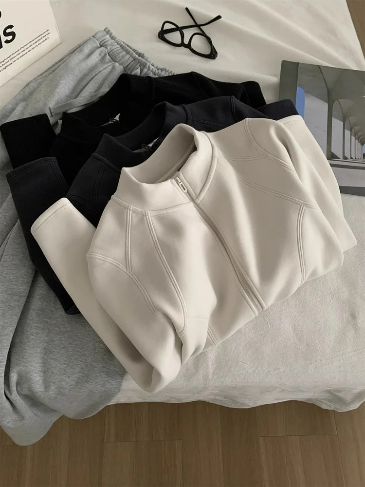 Women's Winter Warm Sweatshirt Jacket Thickened Zipper Stand Collar Slimming Korean Style Long Sleeve Commute Style Top