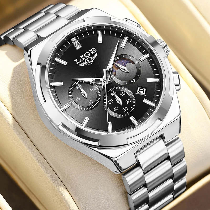 ساعة كوارتز جديدة من LIGE للنساء، ساعة عصرية بسيطة على مدار 24 ساعة على شكل قمر، ساعة للسيدات أنيقة مقاومة للماء، سوار نسائي