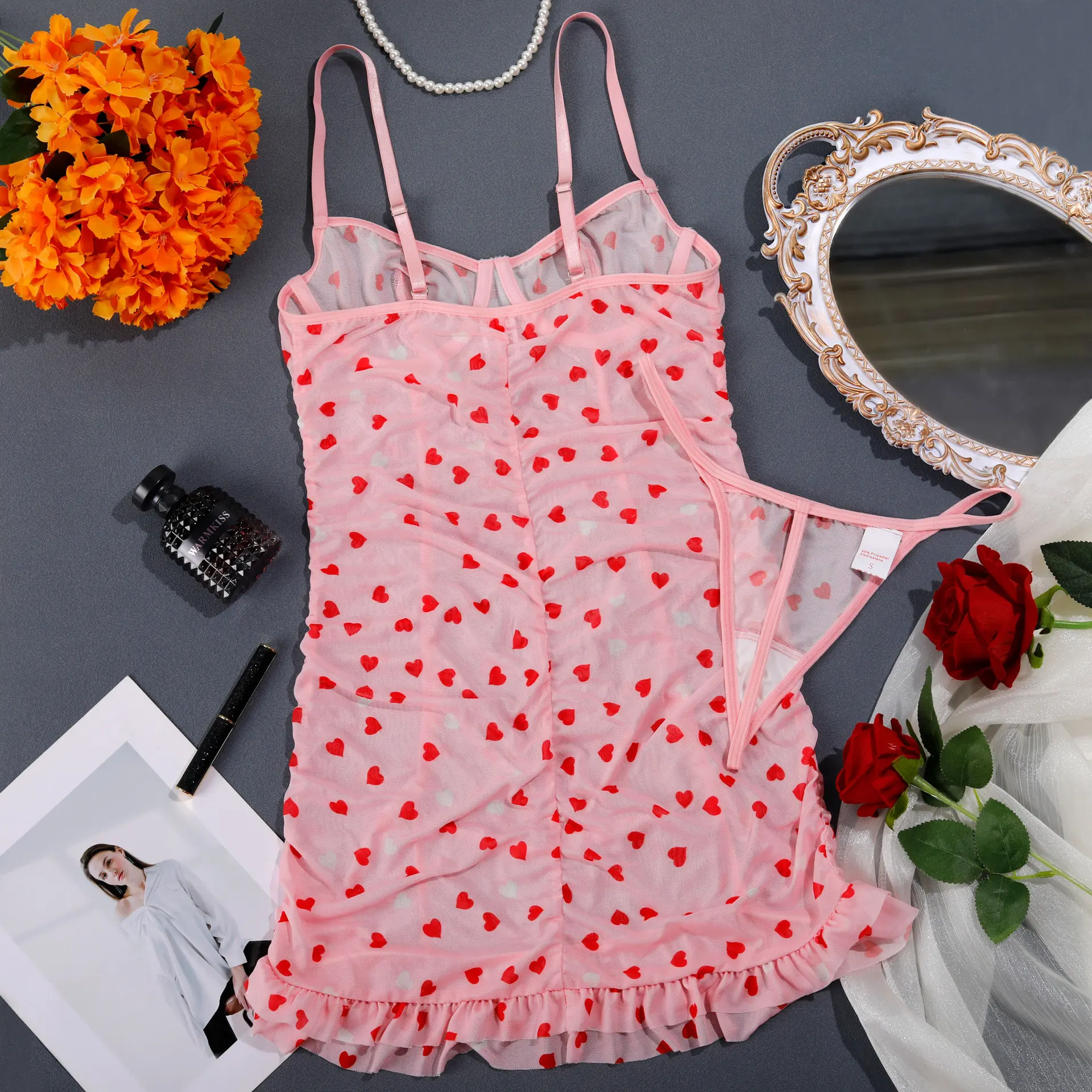 Платье 2025 года с рисунком, подтяжки в форме сердца, сетчатая пижама, короткая юбка, милый и сексуальный халат, женский сексуальный костюм, женская одежда