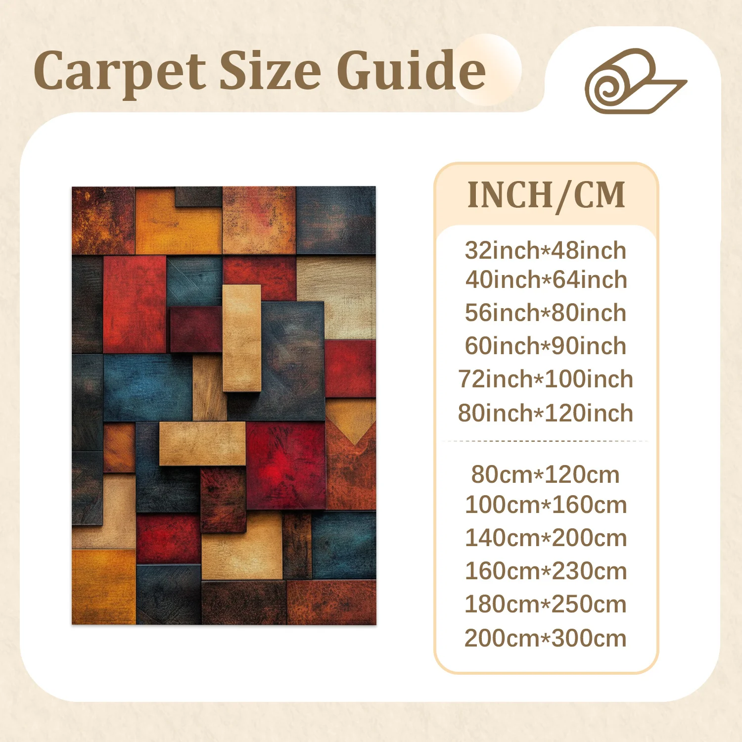 Large Indoor Area Rug, Soft Velvet Low Pile Non-Slip Dotted Backing, Machine Washable Rustic Geometric Wood Block Mosaic Rug for Living Room, Bedroom, Mid-Century Modern Home Decor