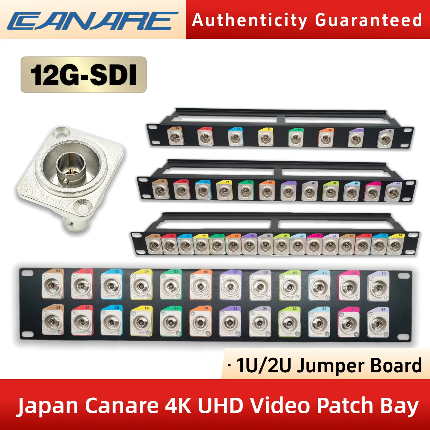 Canare 4K Ultra HD Video Patch Panel 12G-SDI Rack Mount BNC Socket for 19-inch Rack 1U/2U Installation