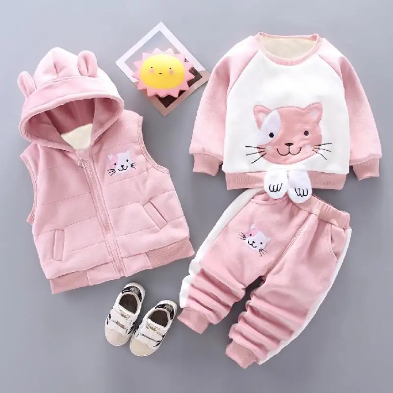 Children's Autumn and Winter Set 2024 Boys and Girls Cartoon Plush Coat+Hooded Vest+Pants Set Baby Warm Three Piece Set 0-4Y